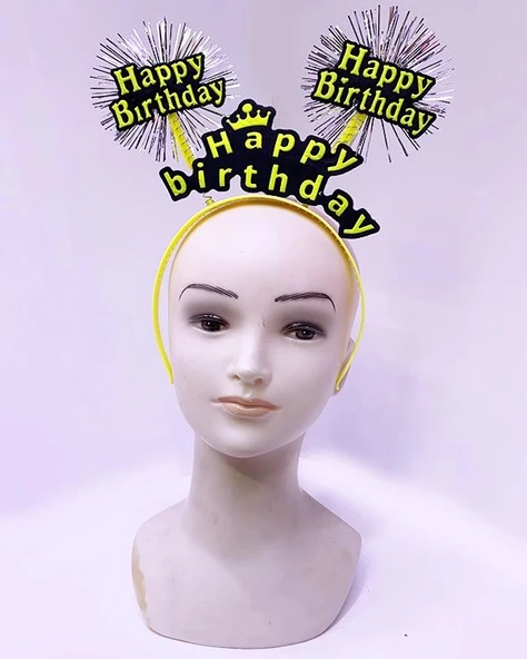 Happy Birthday Püsküllü Neon Sarı Renk Doğum Günü Tacı 22x19 Cm ürün görseli 1
