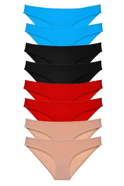8 adet Süper Eko Set Likralı Kadın Slip Külot Siyah Kırmızı Ten Mavi ürün görseli 1
