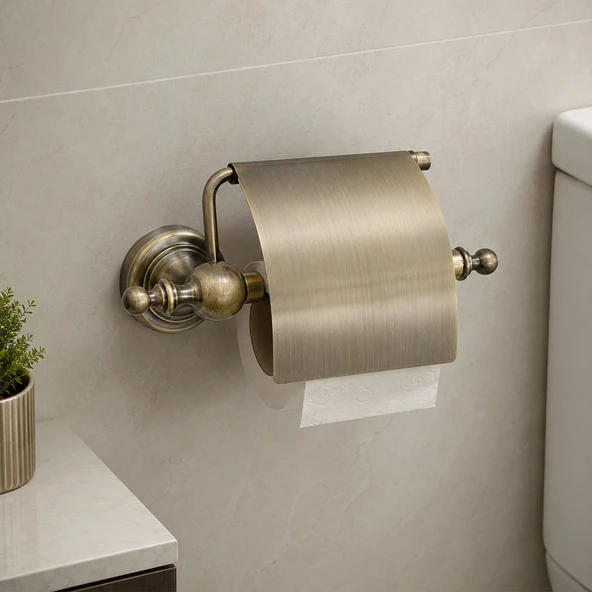 Lüks Kapaklı Kağıtlık Antik Sarı Banyo WC Tuvalet Kağıdı Tutucu Duvara Monte Metal Şık Tasarım ürün görseli 1