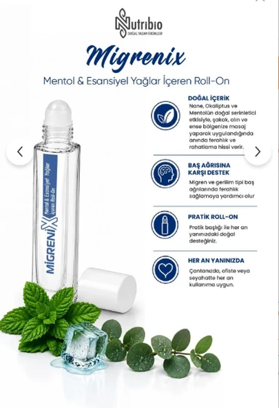Migrenix Rahatlatıcı Masaj ve Baş Ağrısı Yağı Nane,Okaliptus ve Mentol içeren Roll-On10ml ürün görseli 1