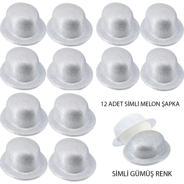 Gümüş Renk Simli Melon Yuvarlak Parti Şapkası 12 Adet ürün görseli 1