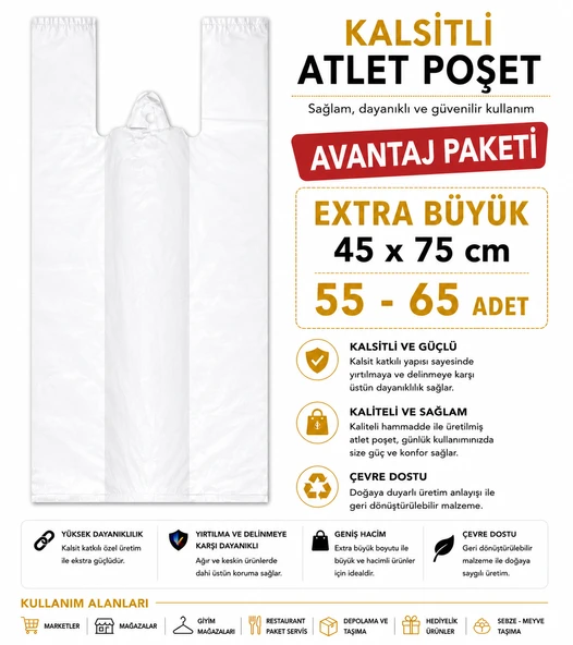 Atlet Poşet Kalsitli ( 3'Lü avantaj paket ) EXTRA Büyük Boy 45 x 75 cm  18 - 23 Adet ürün görseli 1