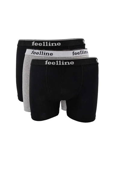3 adet Feelline Siyah ve Gri Pamuklu Doğal Likralı Erkek Boxer ürün görseli 1