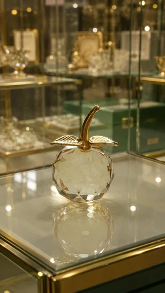 Sarı Kristal Elma Biblo Orta Boy 8.5 Cm Dekoratif Cam Elma Süsü Gold Yapraklı ürün görseli 1