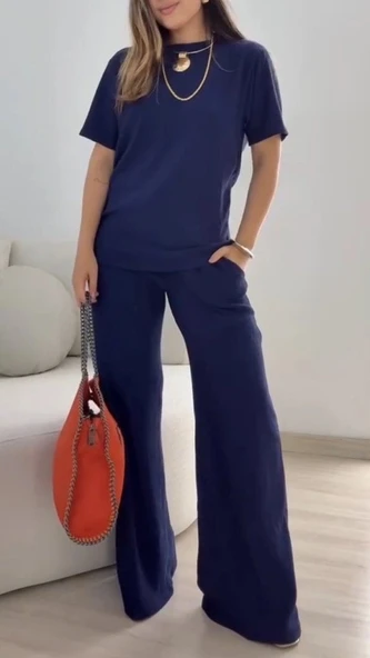 Kadın Kısa Kollu Bisiklet Yaka Viskon Iki Iplik Bluz Ve Pantolon Ikili Takım ürün görseli 1