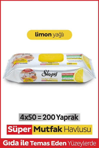 Sleepy Easy Clean Süper Yüzey Temizlik Mutfak Havlusu&mendili Limon Yağlı 4x50 (200 YAPRAK) ürün görseli 1