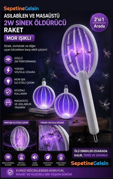 Sepetinegelsin Asılabilen ve Masaüstü Olabilen 2W Sinek Öldürücü Mor Işıklı Raket ürün görseli 1