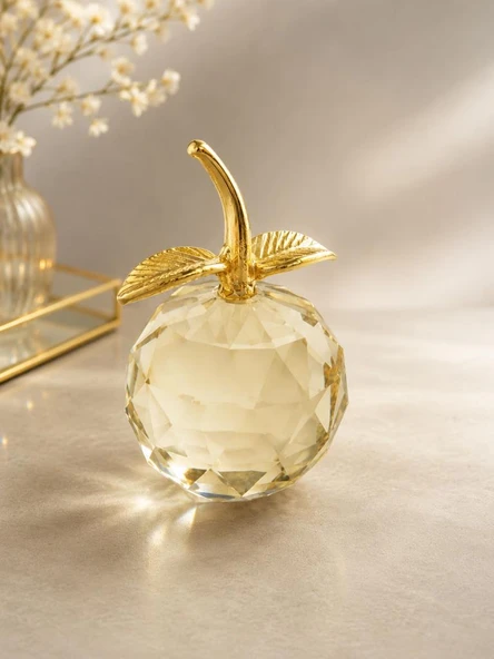 Kristal Elma Biblo Gold Yapraklı Dekoratif Cam Obje 10.5 Cm Şık Masa Üstü Salon Ofis Ev Dekoru ürün görseli 1
