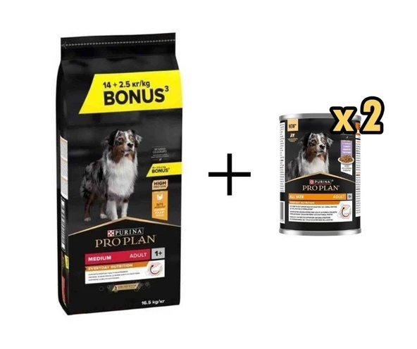 Pro Plan Medium Adult Tavuklu Yetişkin Köpek Maması 14+2,5 Kg + 2 Adet Proplan Hindili Yetişkin Köpek Konservesi 400 Gr ürün görseli 1