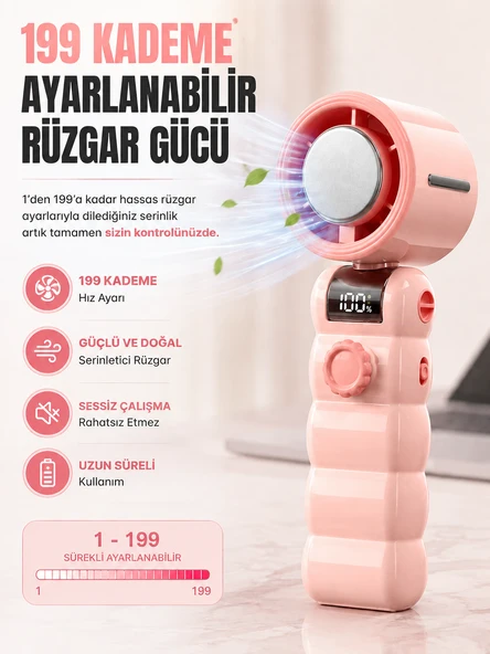 199 Kademeli Şarjlı El Vantilatörü Soğutmalı Mini Fan Dijital Ekranlı Type-C Şarjlı Taşınabilir El Fanı Boyun Askılı Pembe ürün görseli 1