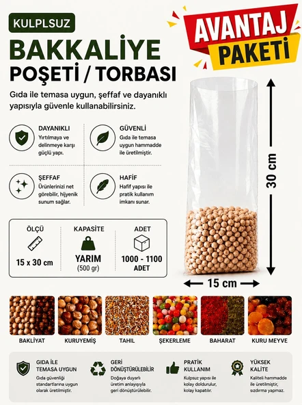 0,5 NO (1.000-1.100 Adet) Bakkaliye ve Erzak Poşeti (3'Lü avantaj paket) 15 x 30 cm Yarım Kilo Kapasiteli Şeffaf Torba ürün görseli 1