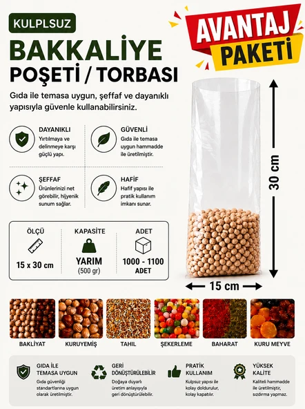 0,5 NO (1.000-1.100 Adet) Bakkaliye ve Erzak Poşeti (3'Lü avantaj paket) 15 x 30 cm Yarım Kilo Kapasiteli Şeffaf Torba ürün görseli 1