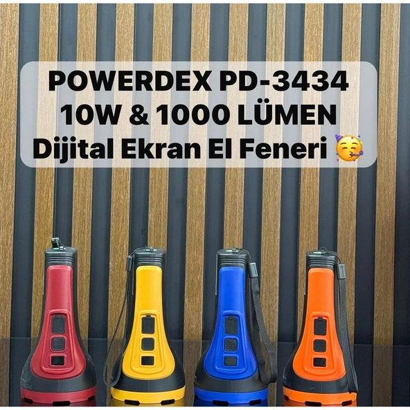 POWERDEX PD-3434 Profesyonel El Feneri | 10W – 1000 Lümen – 3200 Mah – Dijital Göstergeli – Type-C Şarjlı ürün görseli 1