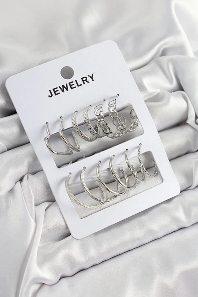 Nevamel® Pirinç Karışık Halka Model Gümüş Renk 6 Çift Kadın Küpe Set 5886 ürün görseli 1