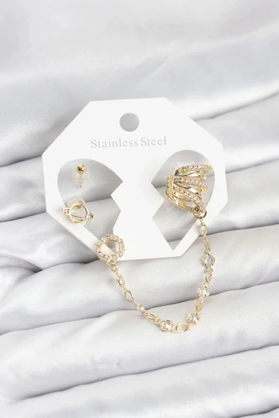Nevamel® Uzay Model Pirinç Gold Renk Zincir Bağlantılı Ear Cuff Küpe Seti 5886 ürün görseli 1