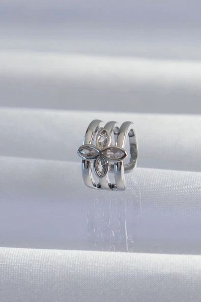 Nevamel® Pirinç Gümüş Renk Yonca Earcuff Küpe 5886 ürün görseli 1