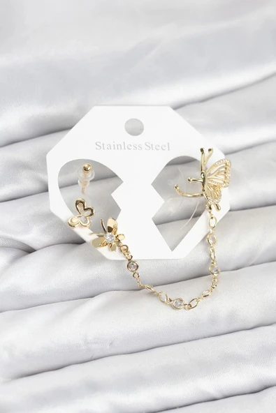 Nevamel® Kelebekli Model Pirinç Gold Renk Zincir Bağlantılı Ear Cuff Küpe Seti 5886 ürün görseli 1