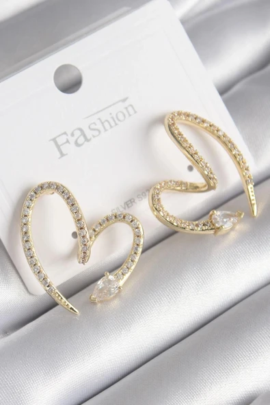 Nevamel® Pirinç Gold Renk Zirkon Taşlı Yılan Kalp Model Kadın Küpe 5886 ürün görseli 1