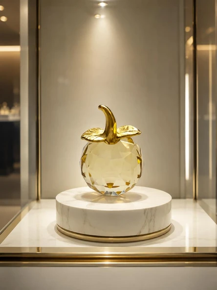 Mini Sarı Kristal Elma Biblo 7.5 Cm Dekoratif Cam Obje Gold Yapraklı Şık Masa Üstü Süsü ürün görseli 1