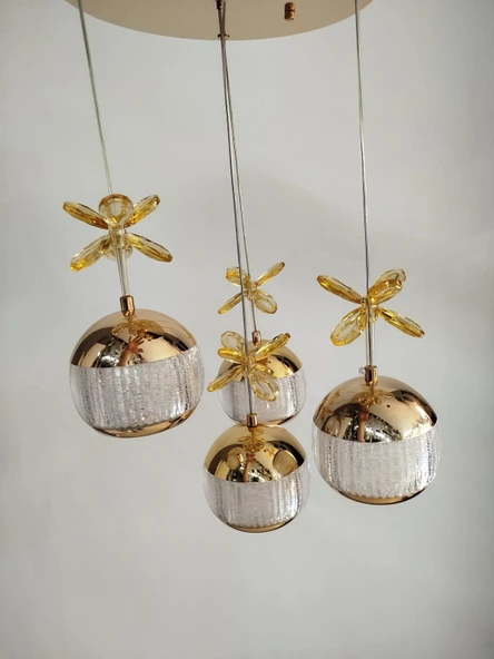 4'LÜ GOLD AĞZI AÇIK KRİSTAL TOP AVİZE - Resim 3