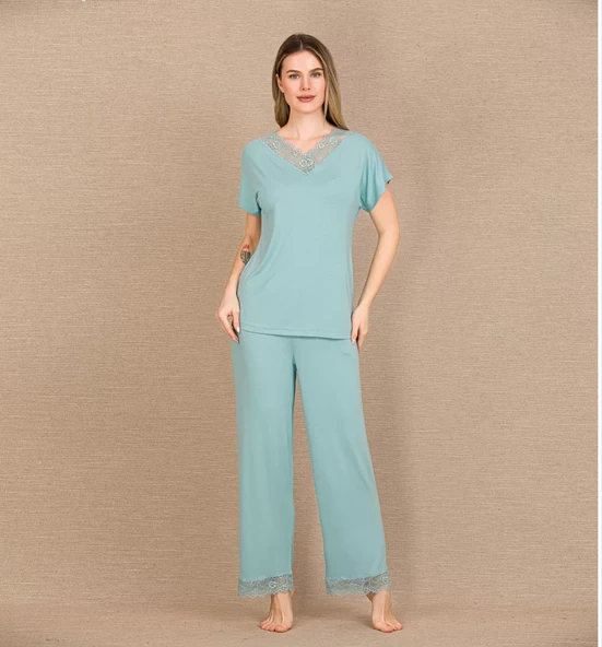 Viskon Şık Tasarım Dantel İşlemeli Mint Yeşil Kısa Kol Pijama Takımı ürün görseli 1