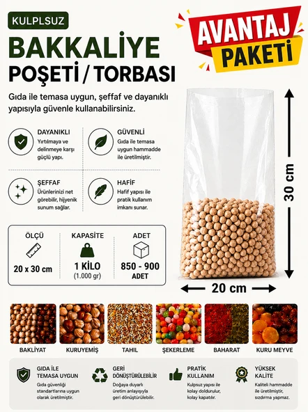 1 NO (850-900 Adet) Bakkaliye ve Erzak Poşeti (3'Lü avantaj paket) 20 x 30 cm Bir Kilo Kapasiteli Şeffaf Torba ürün görseli 1
