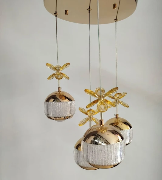 4'LÜ GOLD AĞZI AÇIK KRİSTAL TOP AVİZE - Resim 2