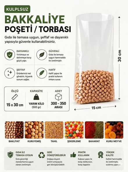 0,5 NO (300-350 Adet) Bakkaliye ve Erzak Poşeti 15 x 30 cm Yarım Kilo Kapasiteli Şeffaf Torba ürün görseli 1
