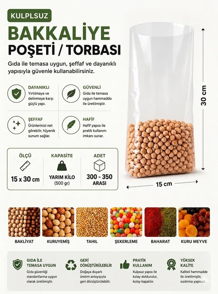0,5 NO (300-350 Adet) Bakkaliye ve Erzak Poşeti 15 x 30 cm Yarım Kilo Kapasiteli Şeffaf Torba ürün görseli 1