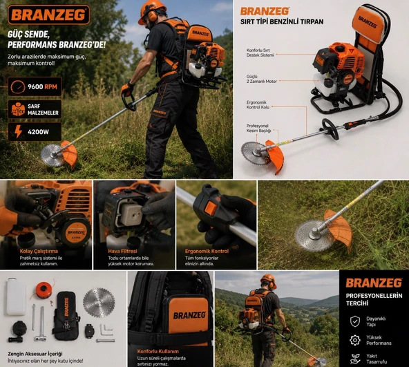 Branzeg Benzinli Sırt Tipi Tırpan 2.1 HP 7500 RPM  52 CC ürün görseli 1