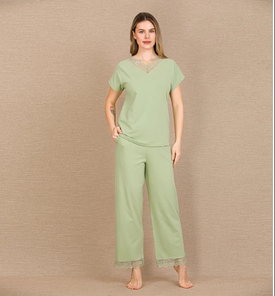 HERŞEYTREND  Pamuklu Şık Tasarım Dantel İşlemeli Yeşil Kısa Kol Pijama Takımı ürün görseli 1