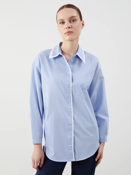 LCW Modest Ekru Çizgili Oversize Poplin Kadın Gömlek Tunik ürün görseli 1