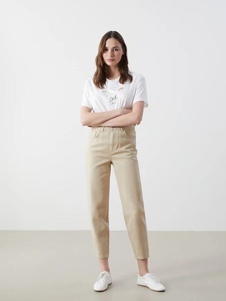 LCW Jeans Bej Beli Lastikli Slouchy Fit Kadın Jean Pantolon ürün görseli 1