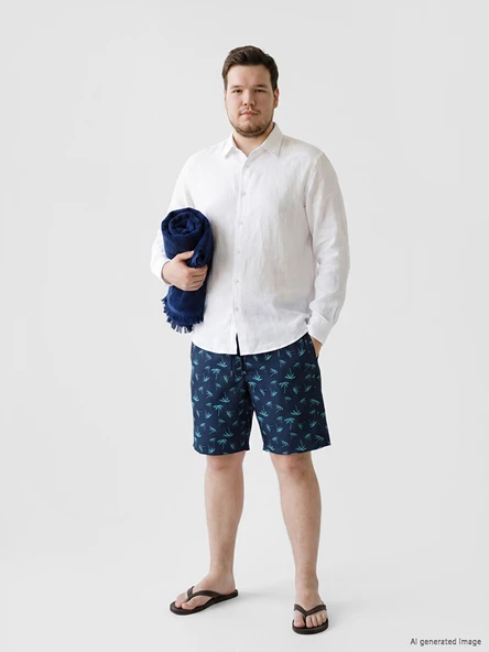 LCW SWIMWEAR Lacivert Diz Hizası Boy Palmiye Desenli Erkek Deniz Şortu ürün görseli 1