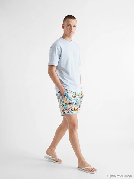 LCW SWIMWEAR Beyaz Kısa Boy Desenli Erkek Deniz Şortu ürün görseli 1