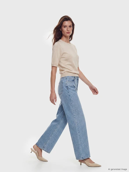 LCW Modest İndigo Taşlı Wideleg Kadın Jean Pantolon ürün görseli 1