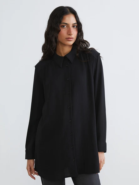 LCW Modest Siyah Büzgülü Oversize Kadın Gömlek Tunik ürün görseli 1