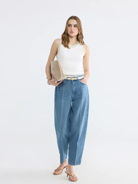 LCW EVERYDAY İndigo Yüksek Bel Barrel Fit Kadın Jean Pantolon ürün görseli 1
