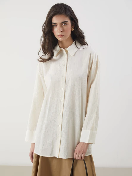 LCW Modest Ekru Çizgili Oversize Kadın Gömlek Tunik ürün görseli 1