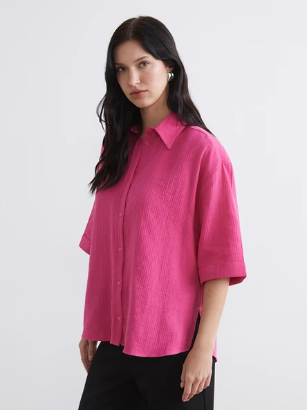 LCW Comfort Fuşya Dokulu Oversize Müslin Kadın Gömlek ürün görseli 1