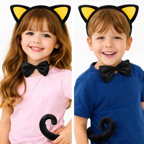 Sarı Kulaklı Kedi Kostüm Seti – Taç, Papyon, Kuyruk ürün görseli 1