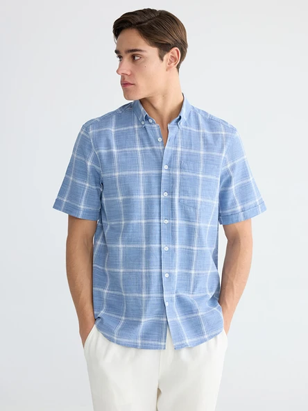 LCWAIKIKI Classic İndigo Regular Fit Kareli Erkek Gömlek ürün görseli 1