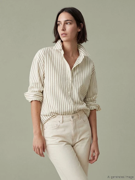 LCW Vision Ekru Çizgili Oversize Poplin Kadın Gömlek ürün görseli 1