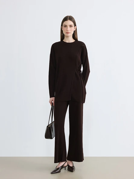 LCW Modest Kahverengi Beli Lastikli Geniş Paça Kadın Triko Pantolon ürün görseli 1