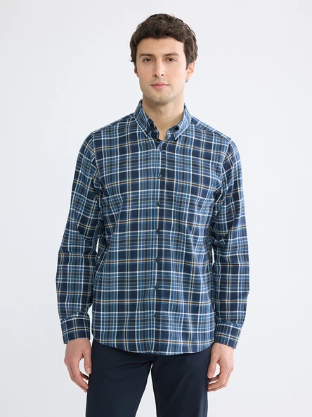 LCWAIKIKI Classic Lacivert Regular Fit Ekose Desenli Gabardin Erkek Gömlek ürün görseli 1