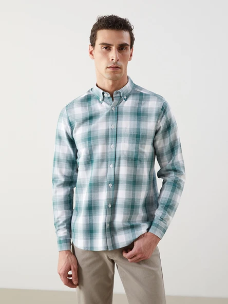 LCWAIKIKI Classic Yeşil Regular Fit Uzun Kollu Ekose Gabardin Erkek Gömlek ürün görseli 1