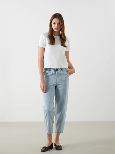 LCW Jeans İndigo Beli Lastikli Mom Fit Kadın Jean Pantolon ürün görseli 1