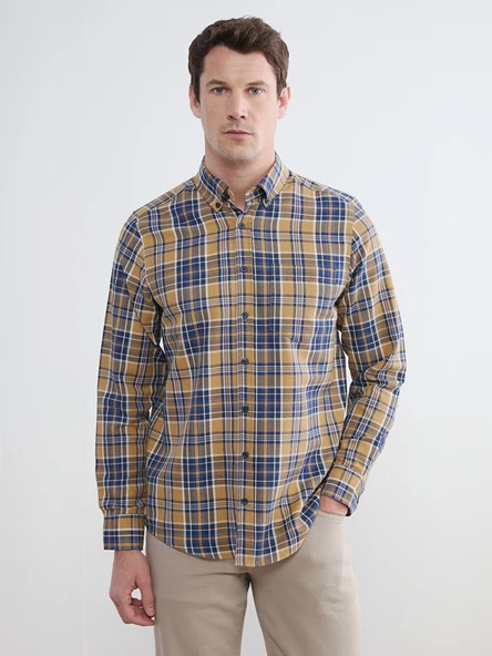 LCWAIKIKI Classic Sarı Regular Fit Ekose Desenli Gabardin Erkek Gömlek ürün görseli 1