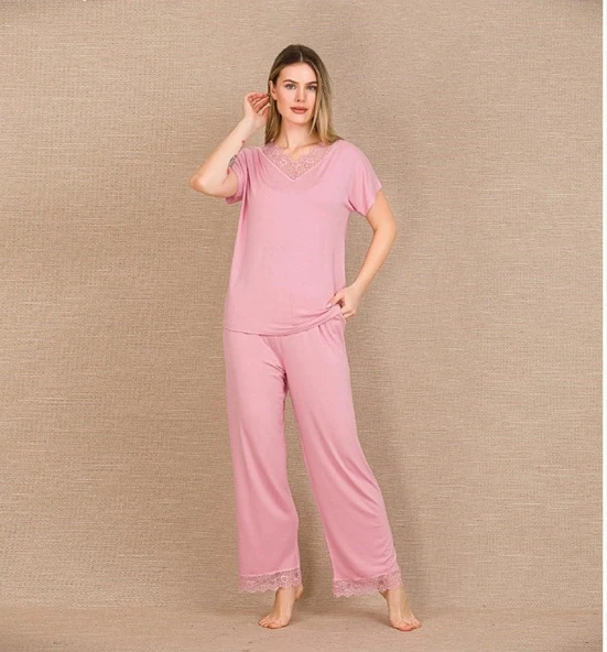 HERŞEYTREND  Viskon Şık Tasarım Dantel İşlemeli Pembe Kısa Kol Pijama Takımı ürün görseli 1