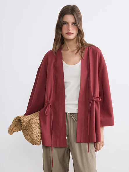 LCW EVERYDAY Bordo Şal Yaka Keten Karışımlı Kadın Kimono ürün görseli 1